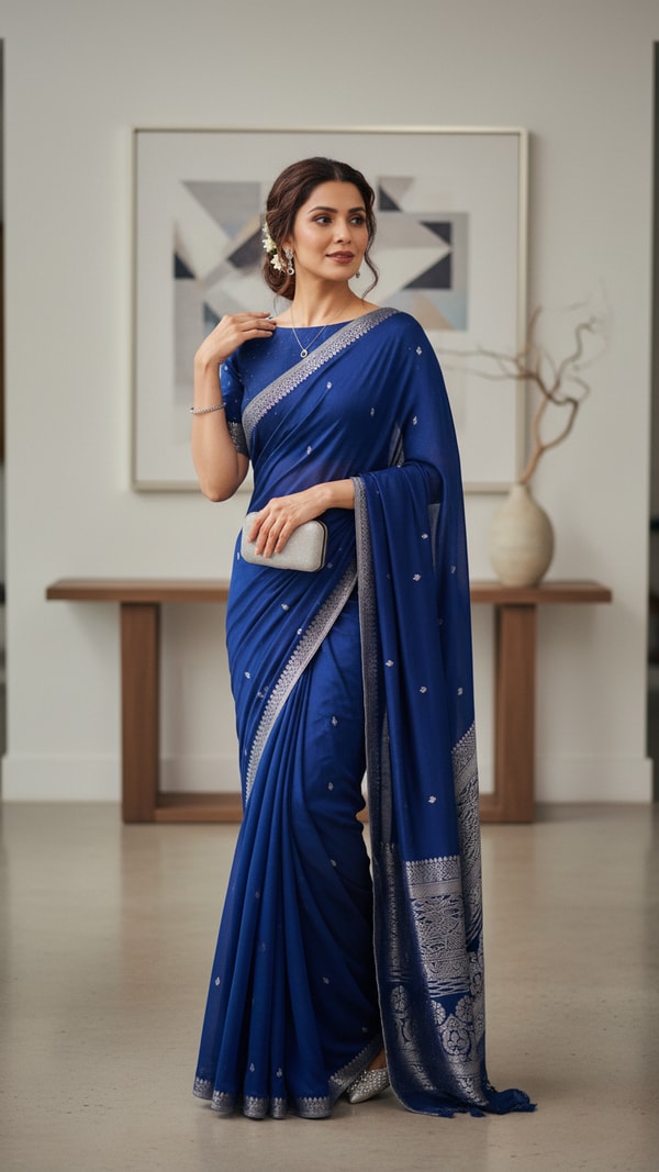 Crepe Saree in Contemporary Indoor Setting - AI transformation template example