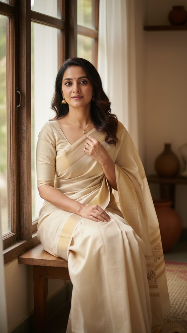 Eri Silk Saree Indoors by Wooden Window - AI transformation template example