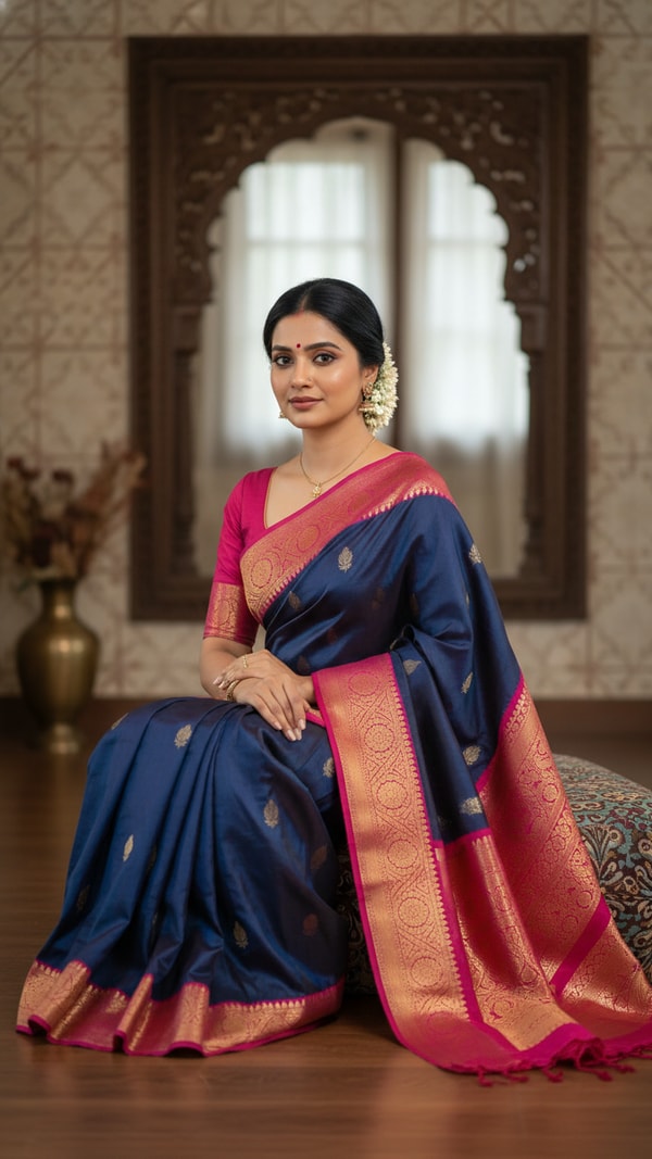 Gadwal Saree Indoor Seated Portrait - AI transformation template example