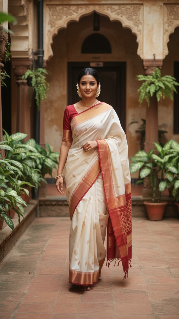 Garad Saree in Traditional Bengali Courtyard - AI transformation template example