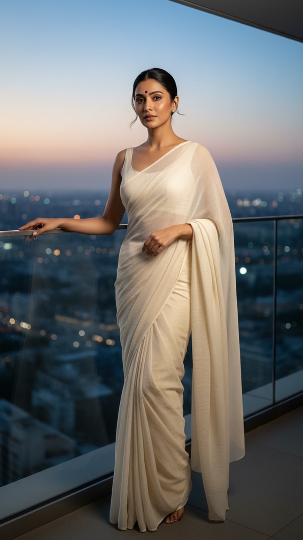Georgette Saree on Balcony with City View - AI transformation template example