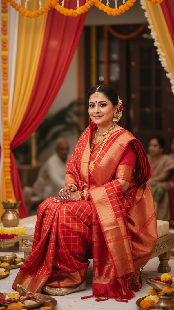 Adult in Gharchola Saree Seated at Gujarati Wedding Ritual - AI transformation template example