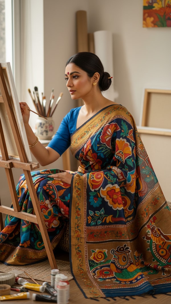 Artistic Hand-painted Saree Creation Scene - AI transformation template example