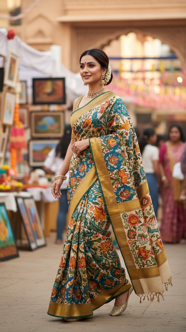 Hand-painted Saree at Cultural Art Festival - AI transformation template example