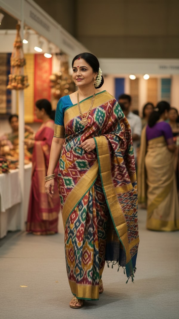 Ikat Saree Elegance at Textile Exhibition - AI transformation template example