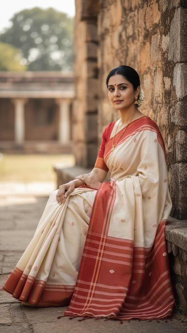 Ilkal Saree Portrait by Stone Wall - AI transformation template example