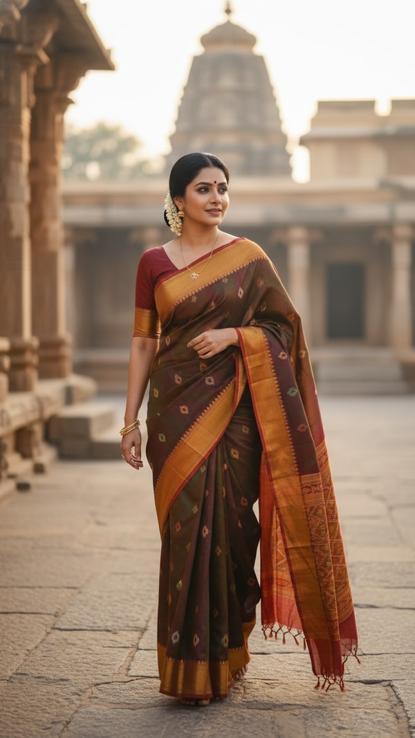 Ilkal Saree in Temple Town - AI transformation template example
