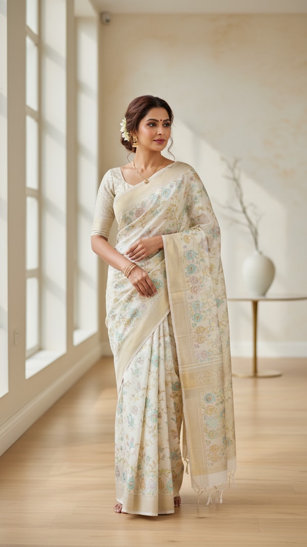 Jamdani Saree in Bright Airy Room - AI transformation template example