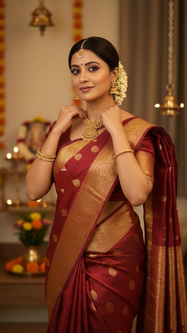 Kanjeevaram Saree Festive Home Temple Jewelry - AI transformation template example