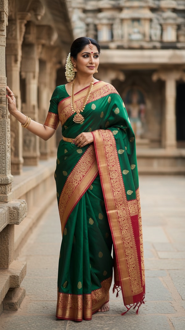 South Indian Kanjeevaram Saree in Temple Courtyard - AI transformation template example