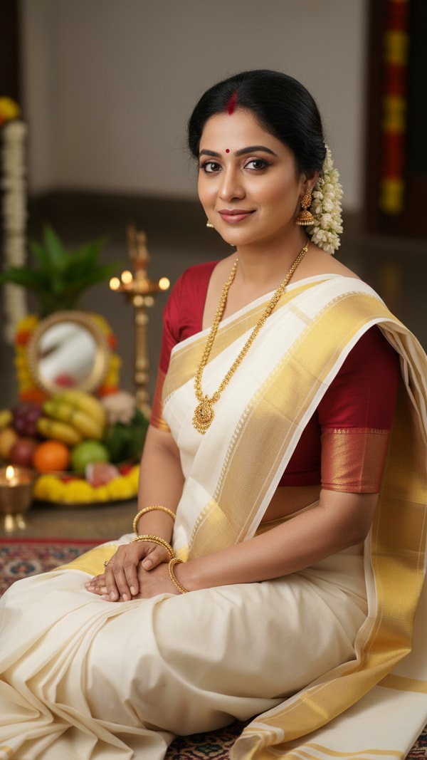 Kasavu Saree Vishu Celebration Portrait - AI transformation template example