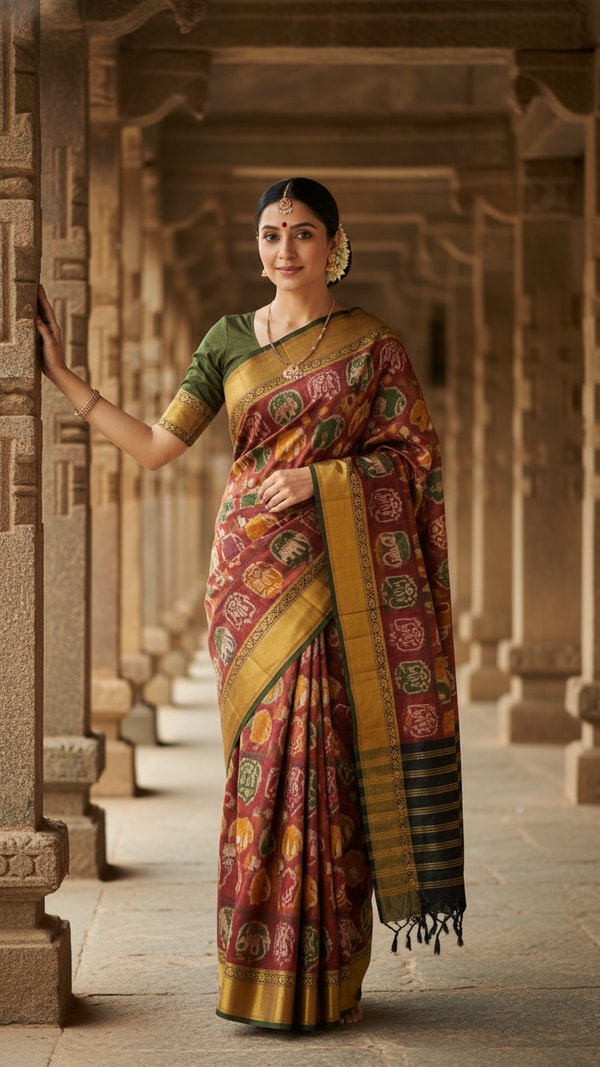 Khandua Ikat Silk Saree in Odisha Temple Corridor - AI transformation template example