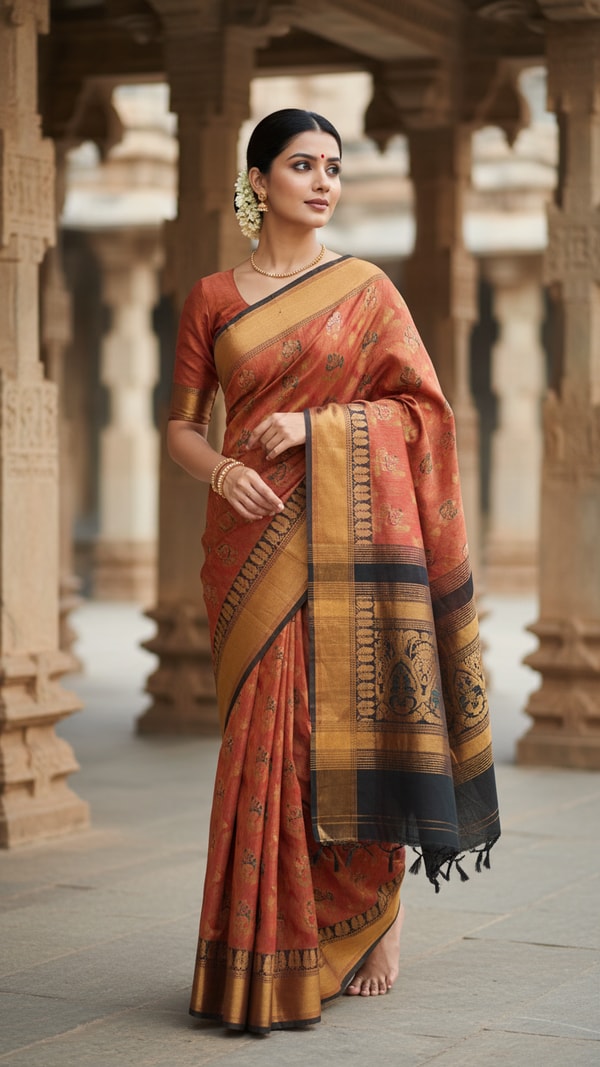 Kolhapuri Saree in Temple Courtyard - AI transformation template example