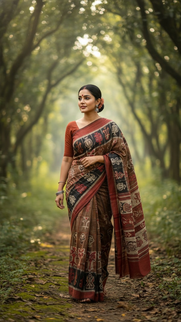 Kotpad Saree in Forest Path: Tribal Elegance - AI transformation template example
