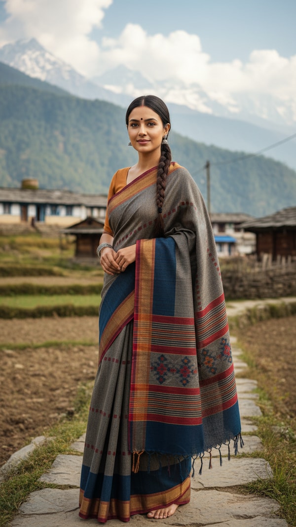 Kullu Woolen Saree in Himachal Mountain Village - AI transformation template example