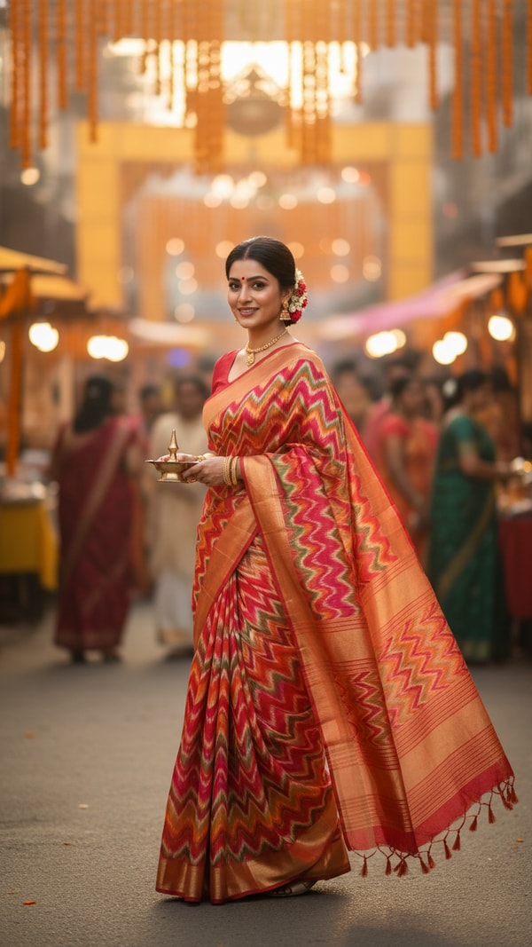 Adult person wearing Leheriya saree during Teej festival walk - AI transformation template example