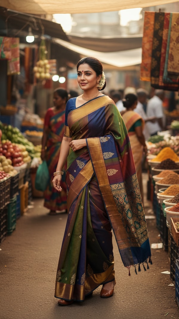 Molakalmuru Saree in Vibrant Weekly Market Scene - AI transformation template example