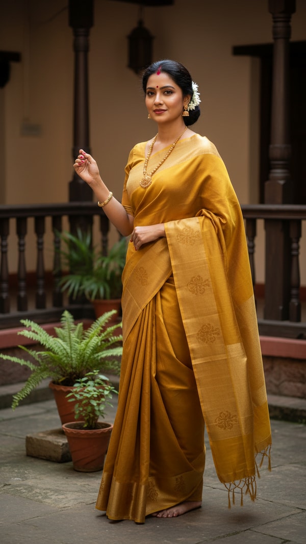 Muga Silk Saree in Assamese Courtyard - AI transformation template example