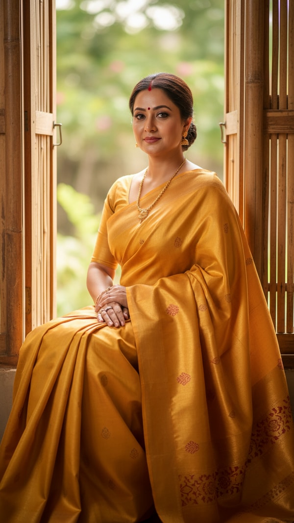 Muga Silk Saree Elegance by Bamboo Window - AI transformation template example