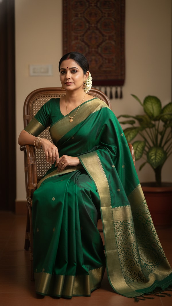 Murshidabad Silk Saree on Cane Chair Portrait - AI transformation template example