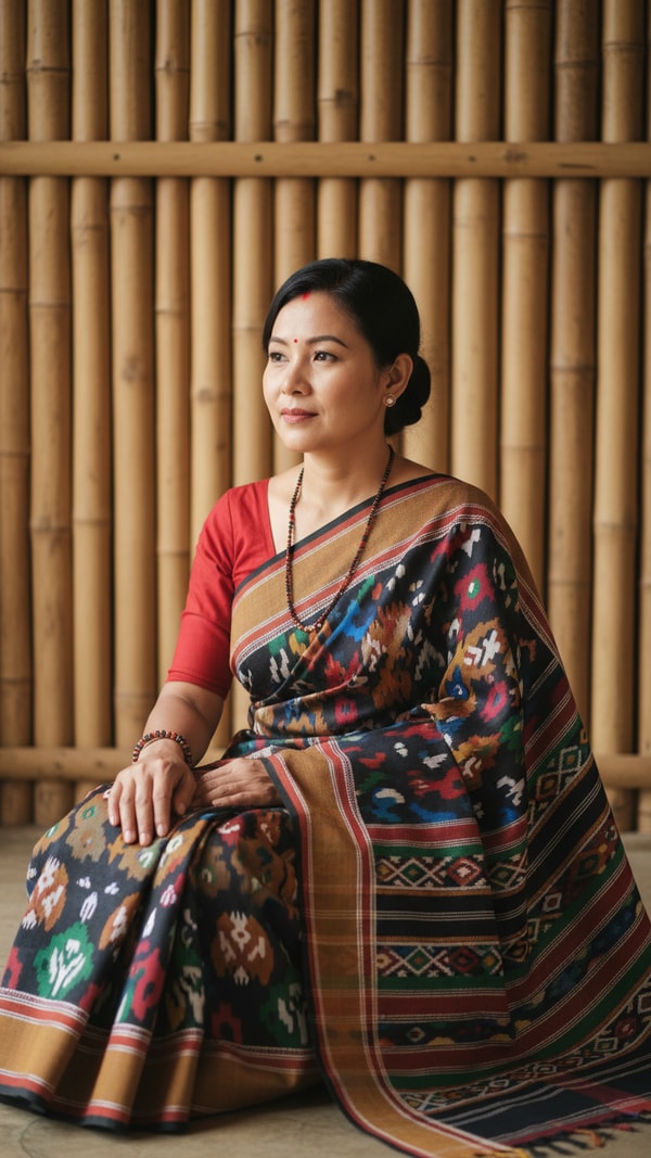 Naga Handloom Saree near Bamboo Wall - AI transformation template example