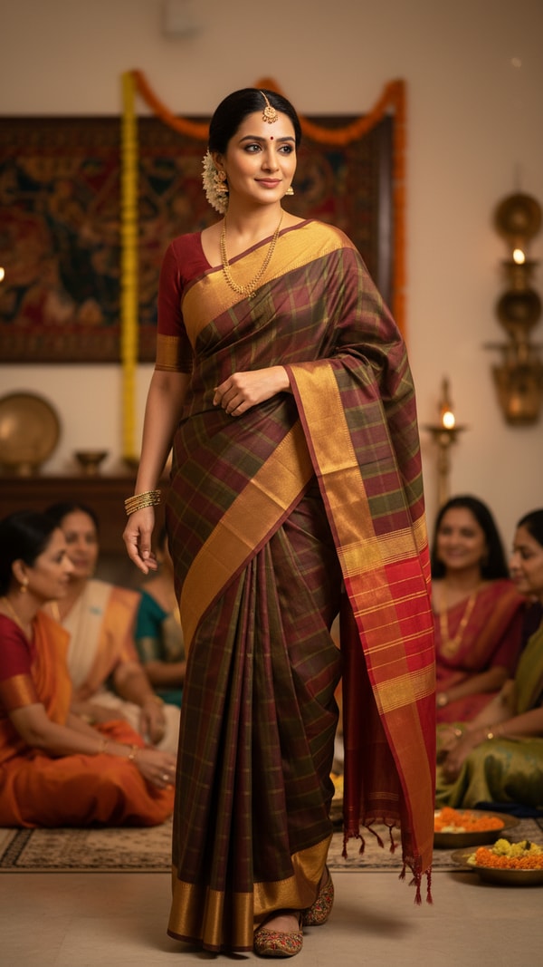 Narayanpet Cotton-Silk Saree at Indian Family Gathering - AI transformation template example