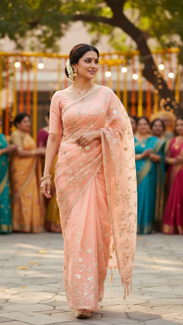 Organza Saree at Daytime Celebration - AI transformation template example