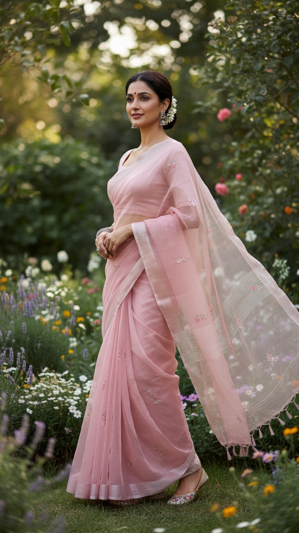 Organza Saree in Garden with Soft Breeze - AI transformation template example