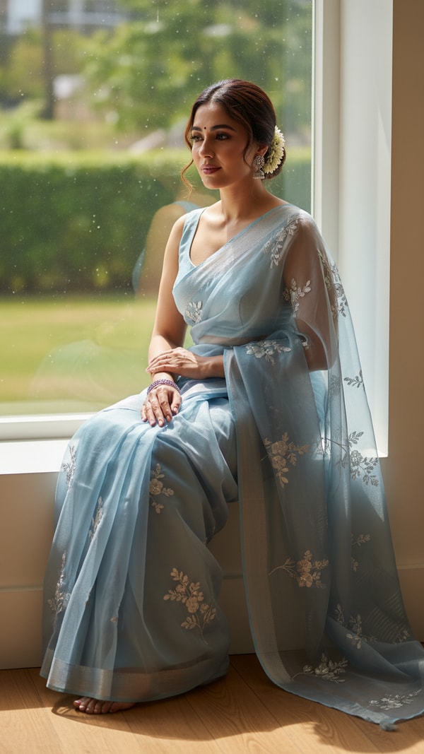 Organza Saree with Diffused Light by Window - AI transformation template example