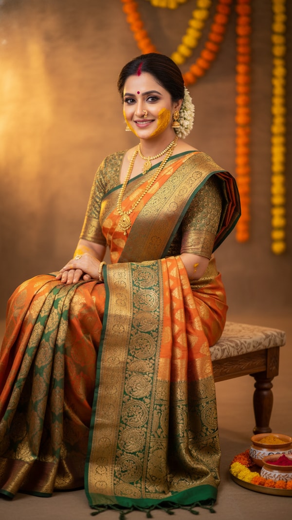 Paithani Saree Haldi Ceremony Seated Portrait - AI transformation template example