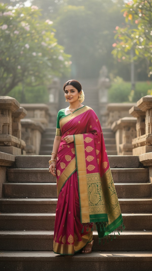 Paithani Saree on Temple Steps - AI transformation template example