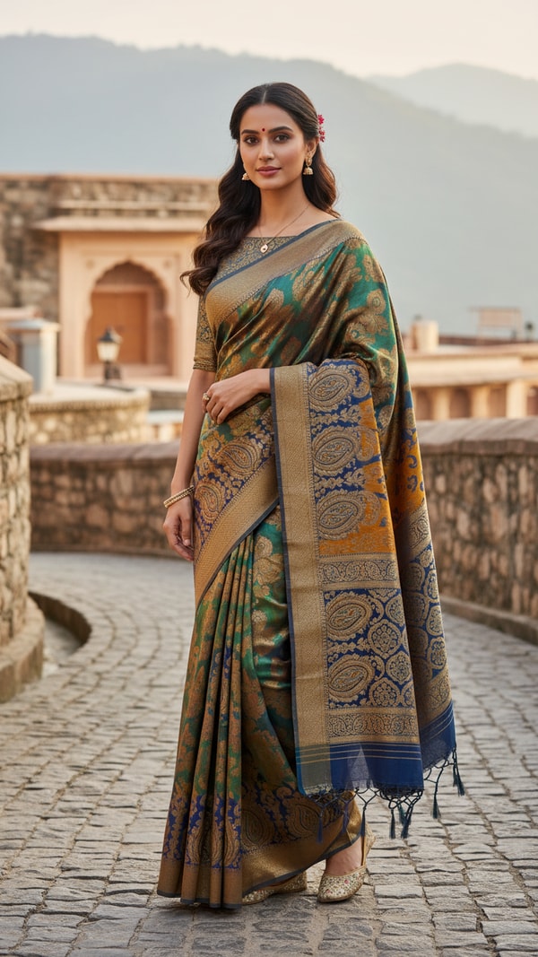 Pashmina Saree Elegance in Hill Town - AI transformation template example