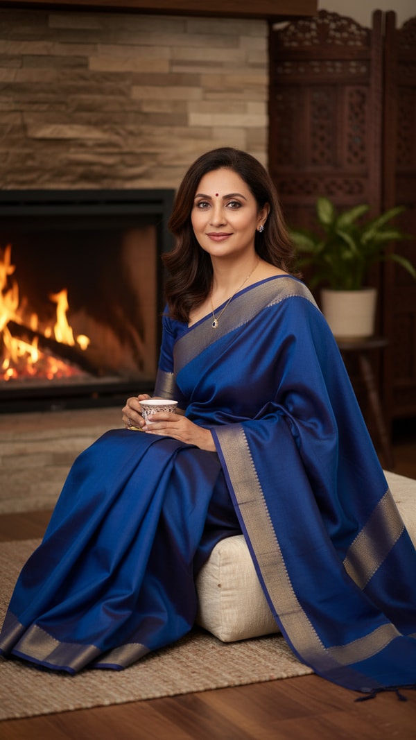 Pashmina Saree Indoor Fireplace Scene - AI transformation template example