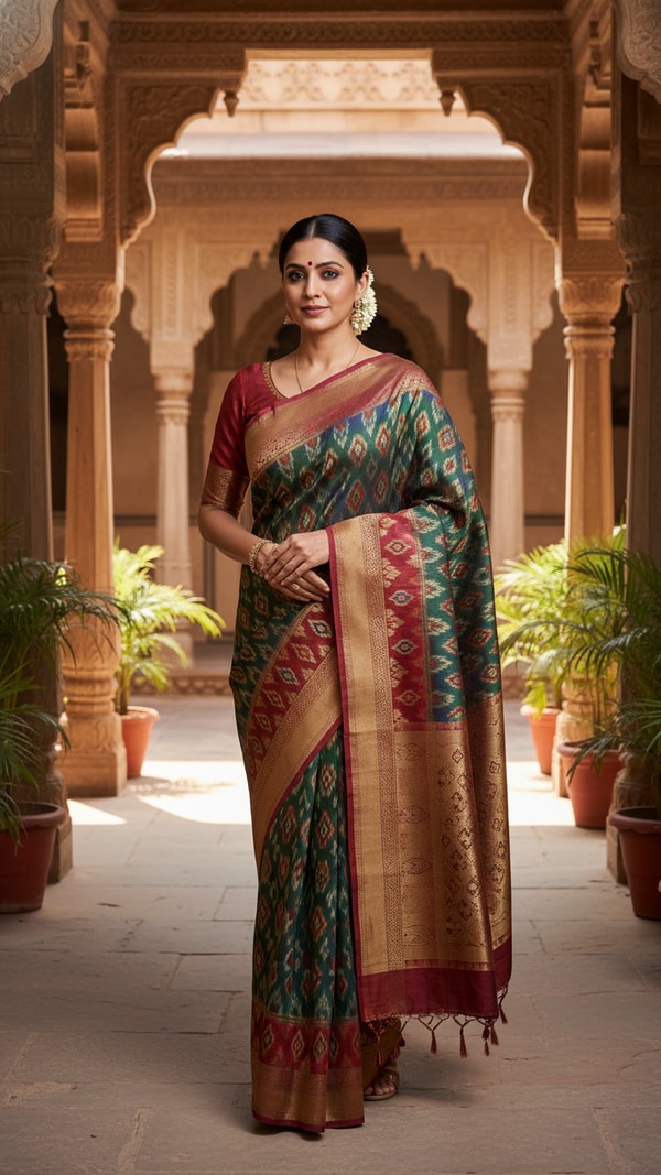 Patola Saree in Heritage Gujarati Haveli Courtyard - AI transformation template example