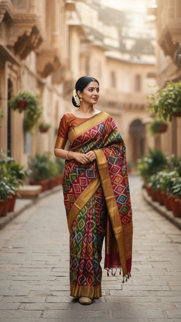 Patola Saree Walk in Ancient Indian City - AI transformation template example