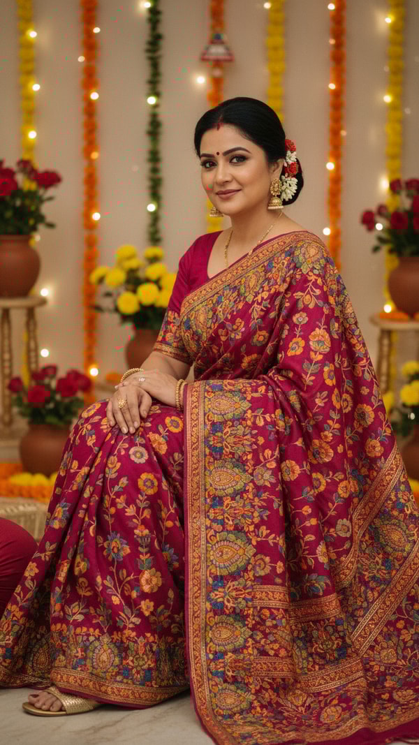 Phulkari Saree at Festive Gathering - AI transformation template example