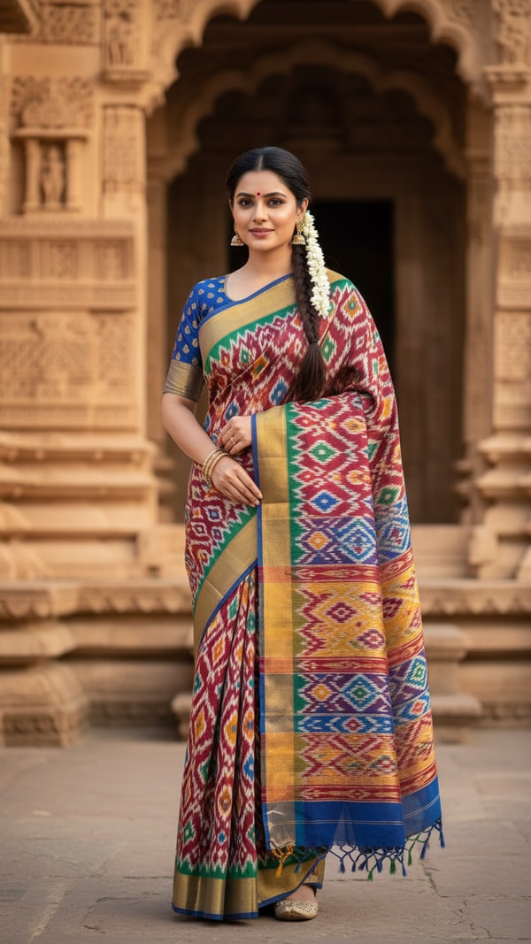 Pochampally Ikat Saree near Heritage Architecture - AI transformation template example