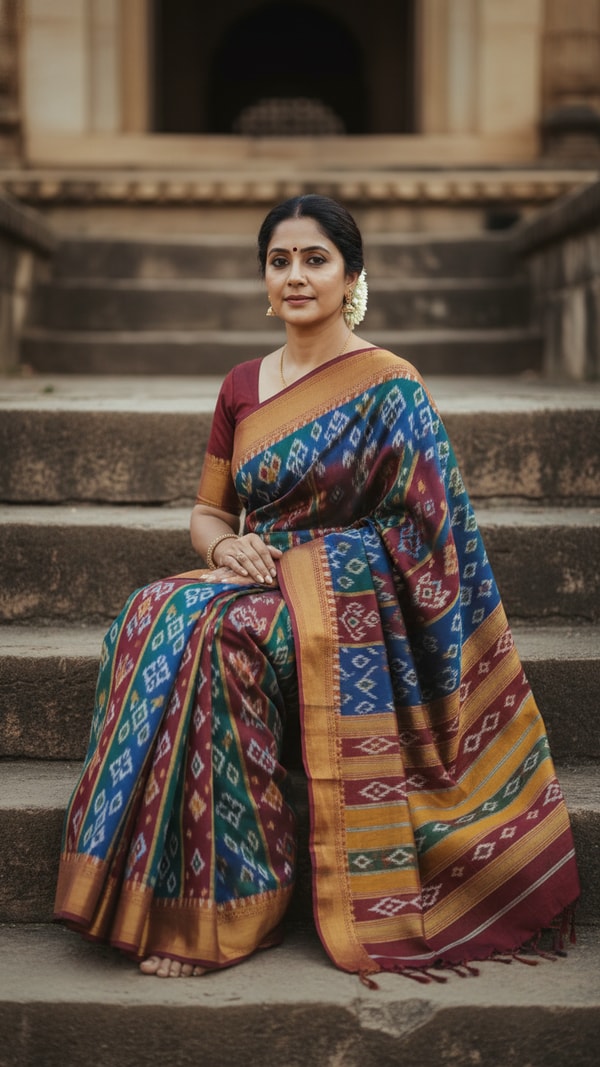 Pochampally Ikat Saree on Traditional Steps - AI transformation template example