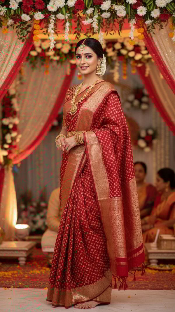 Red Bandhani Gharchola Saree Wedding Ceremony - AI transformation template example