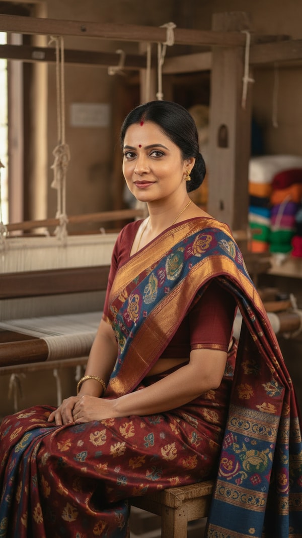 Sambalpuri Ikat Saree in Traditional Handloom Workshop - AI transformation template example