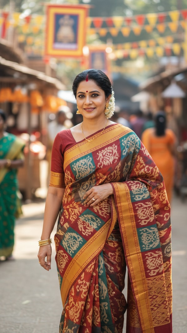 Sambalpuri Ikat Saree at Odisha Village Festival - AI transformation template example