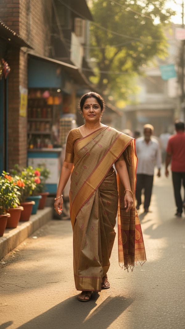 Woman in Taant Saree Walking on Neighborhood Street - AI transformation template example