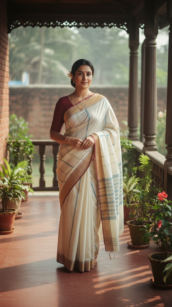 Taant Saree on Bengali Veranda - AI transformation template example