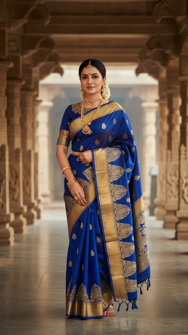 South Indian Temple Saree in Corridor - AI transformation template example