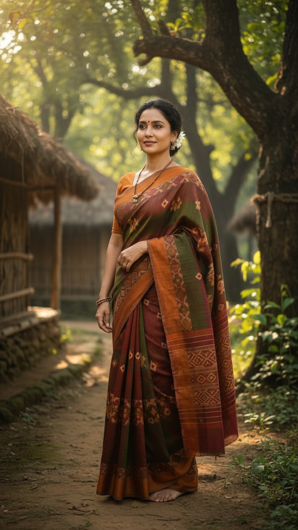 Tribal Saree in Forest Village - AI transformation template example