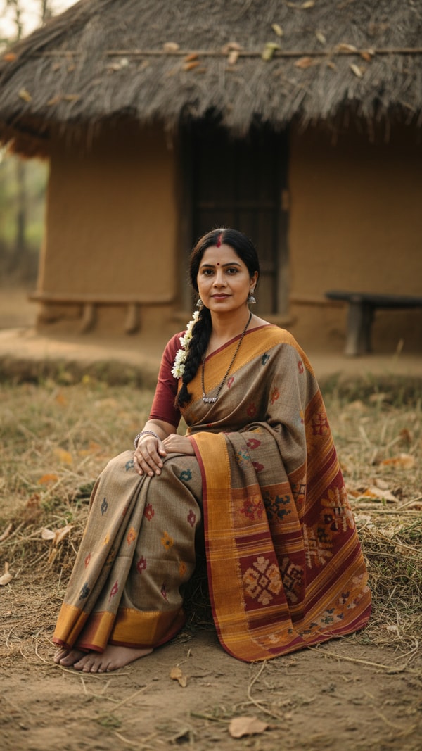 Tribal Saree on Ground near Hut - AI transformation template example