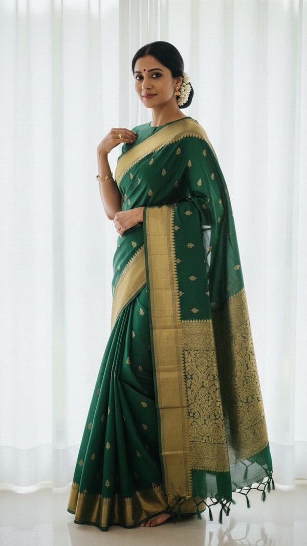 Venkatagiri Silk Saree and Sheer Curtains Portrait - AI transformation template example