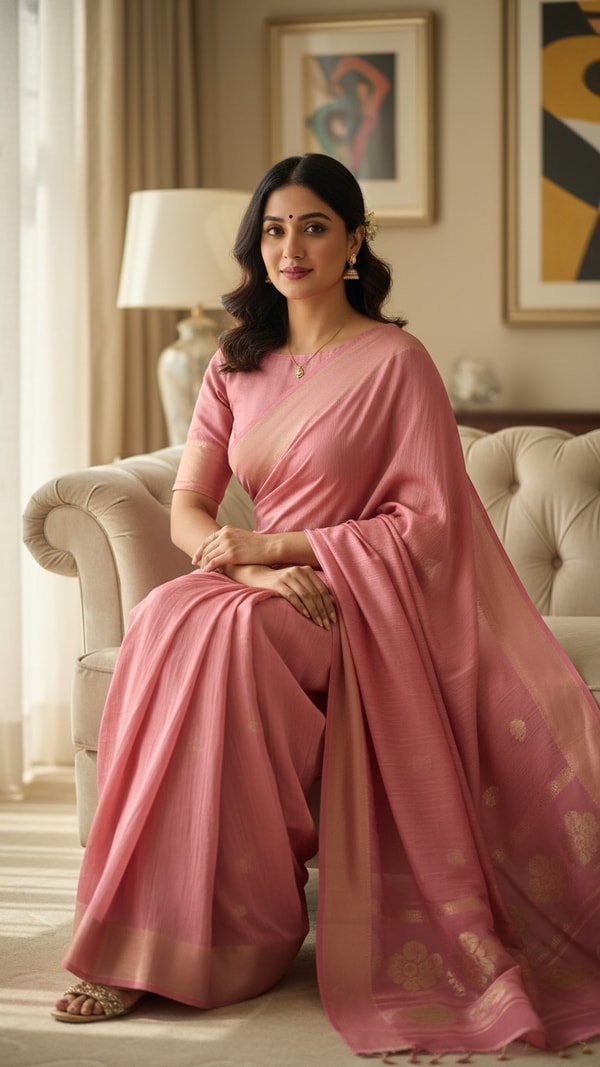 Woman Seated on Sofa in Elegant Crepe Saree - AI transformation template example