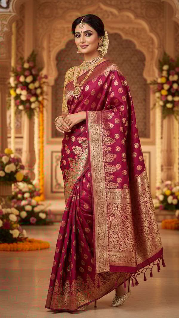 Opulent Zari Saree Walk at Grand Indian Ceremony - AI transformation template example
