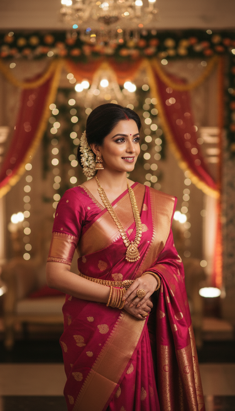 View Arani Silk Saree Adorned for an Indian Family Wedding Function - AI transformation template example full size Arani Silk Saree Adorned for an Indian Family Wedding Function - AI transformation template example